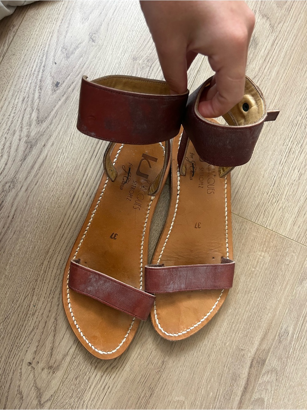 K.Jacques Burgundy Leather Ankle-Strap Flat Sandals